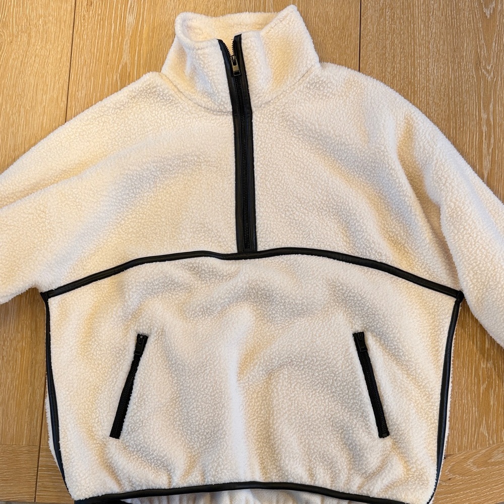 Lamarque Cozy White Fleece Pullover with Black Trim